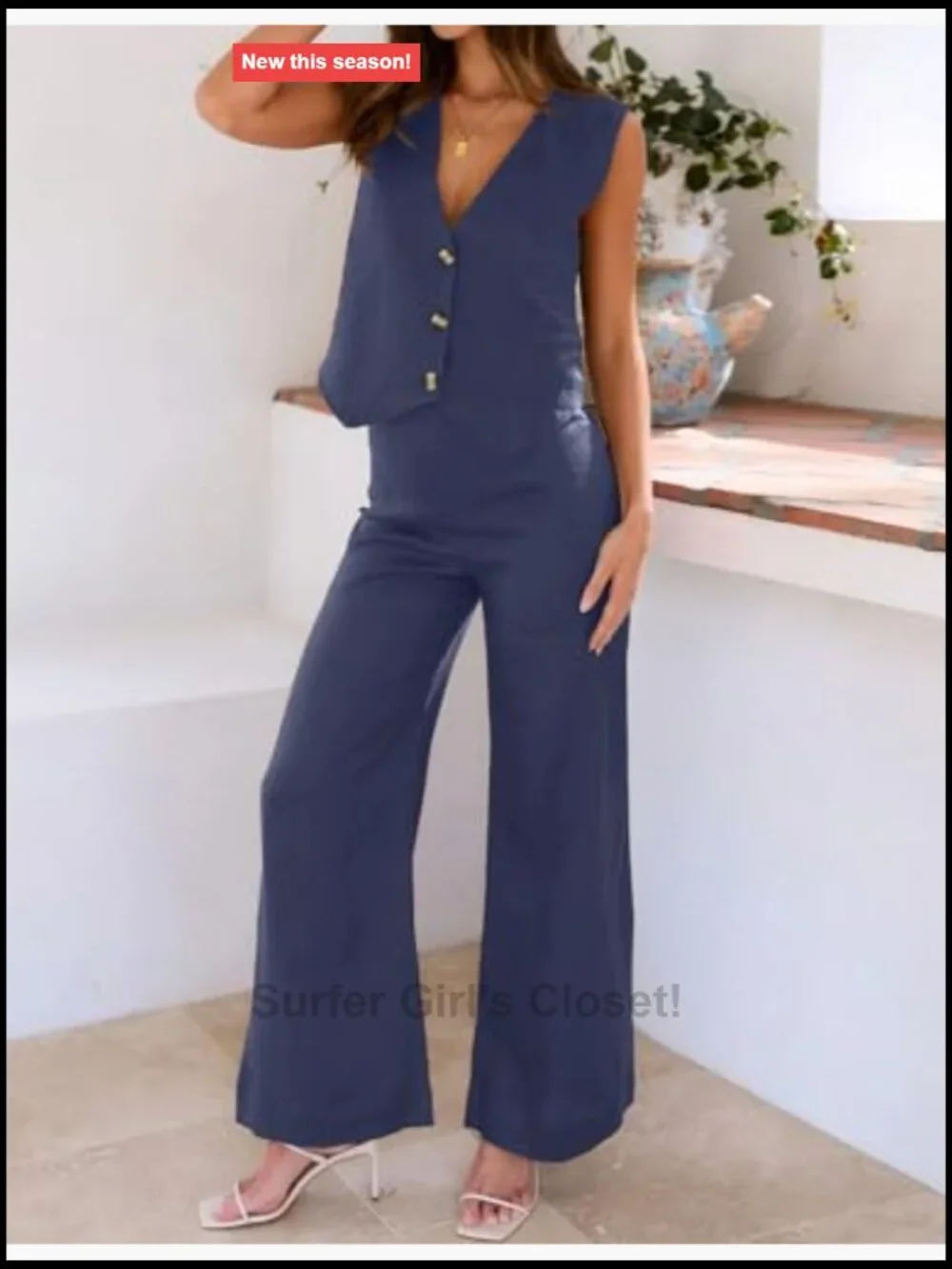 Women's 2 Piece Sleeveless Button Down Top & Wide Leg Pants Set - Picture 3 of 7
